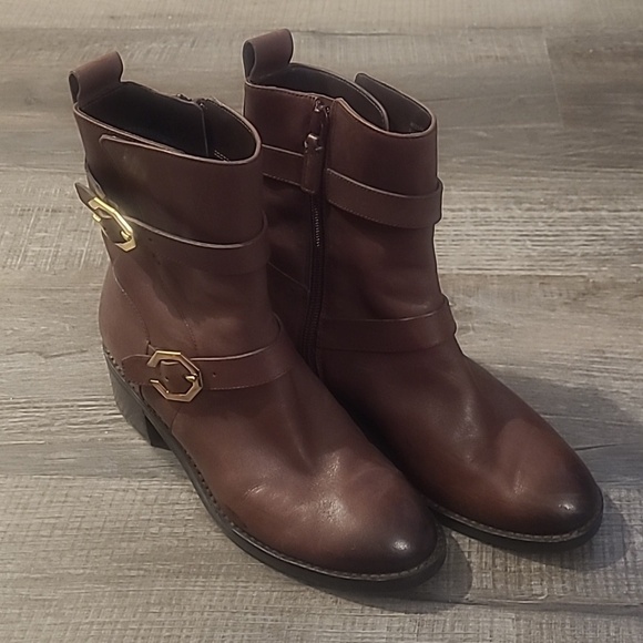 Shoes - Cole Haan Leela Grand Moto Leather Ankle Boots Gold Straps Women Sz 5.5B